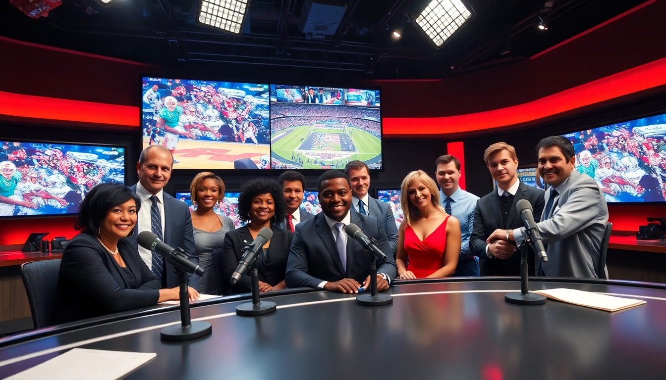 Engaging sports broadcasting setup showcasing diverse announcers and vibrant game footage.