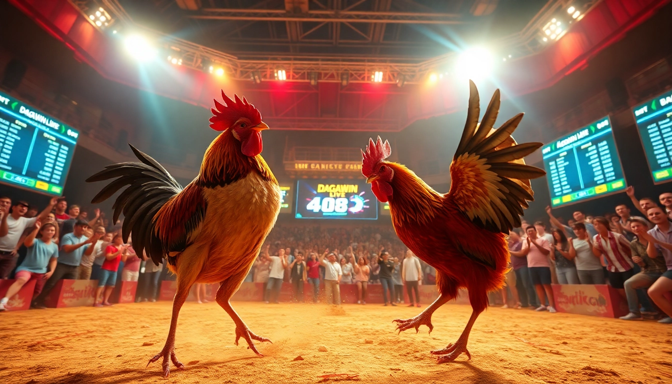 Live cockfighting action at dagawin.live, showcasing vibrant energy and excitement in online gambling.