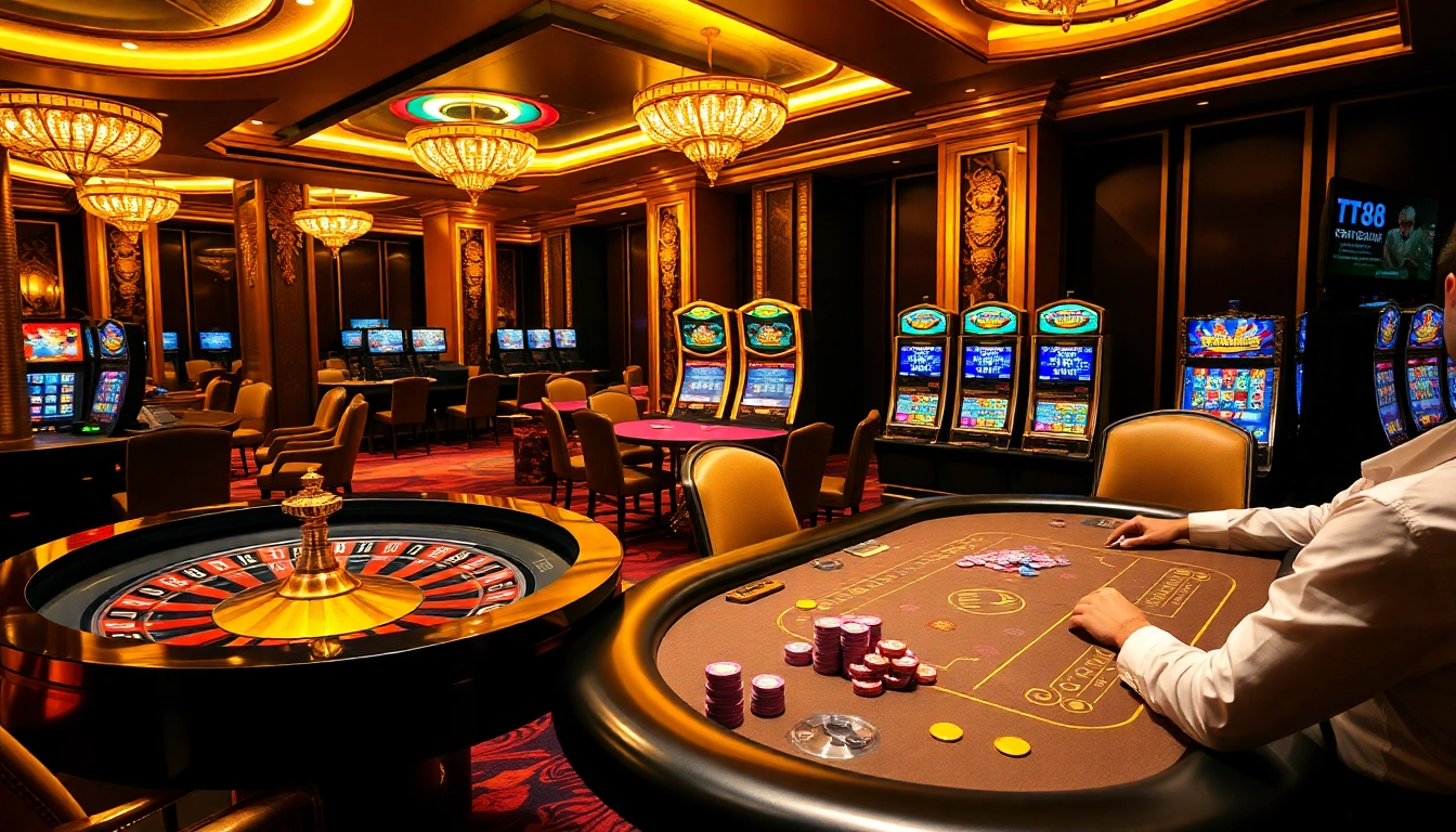 Experience thrilling gameplay at TT88 casino with vibrant roulette and poker tables.