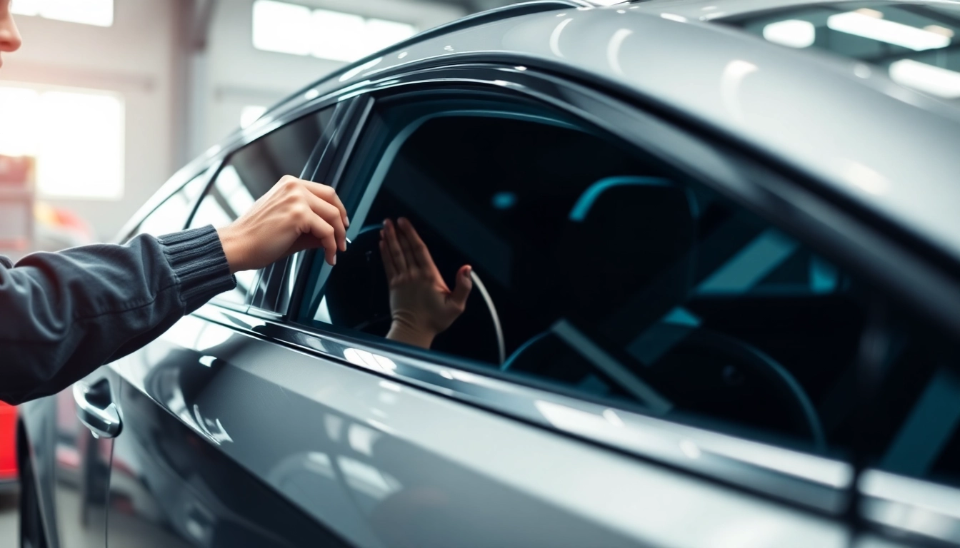 Tinting a car window at window tint near me service, highlighting expertise and quality.