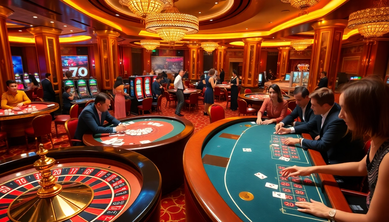 Experience the excitement of 79win in a luxurious casino setting filled with vibrant tables and engaging gameplay.