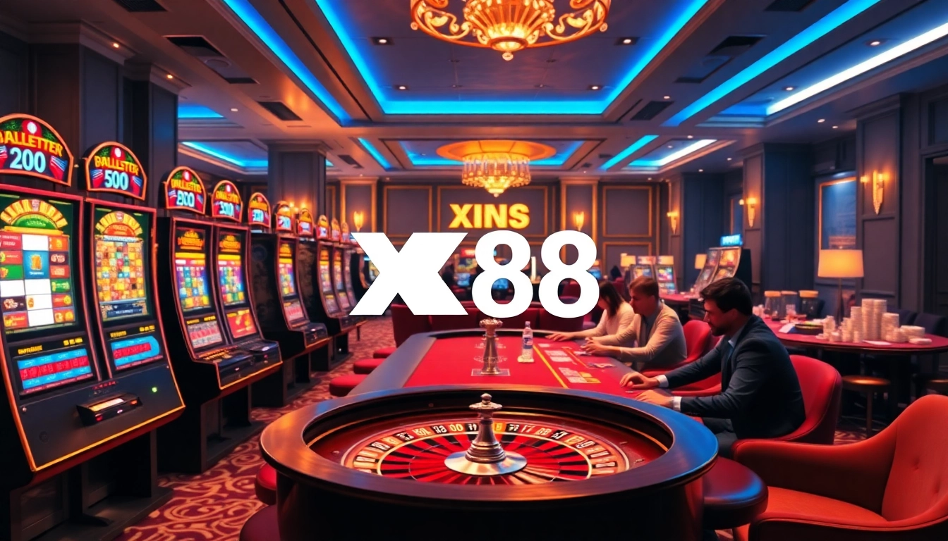 Players immerse in thrilling gaming at XX88 casino, showcasing vibrant slot machines and poker action.
