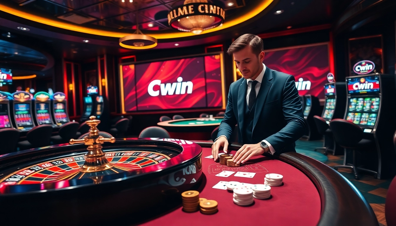 Players enjoy thrilling games at Cwin casino with vibrant roulette and poker tables.