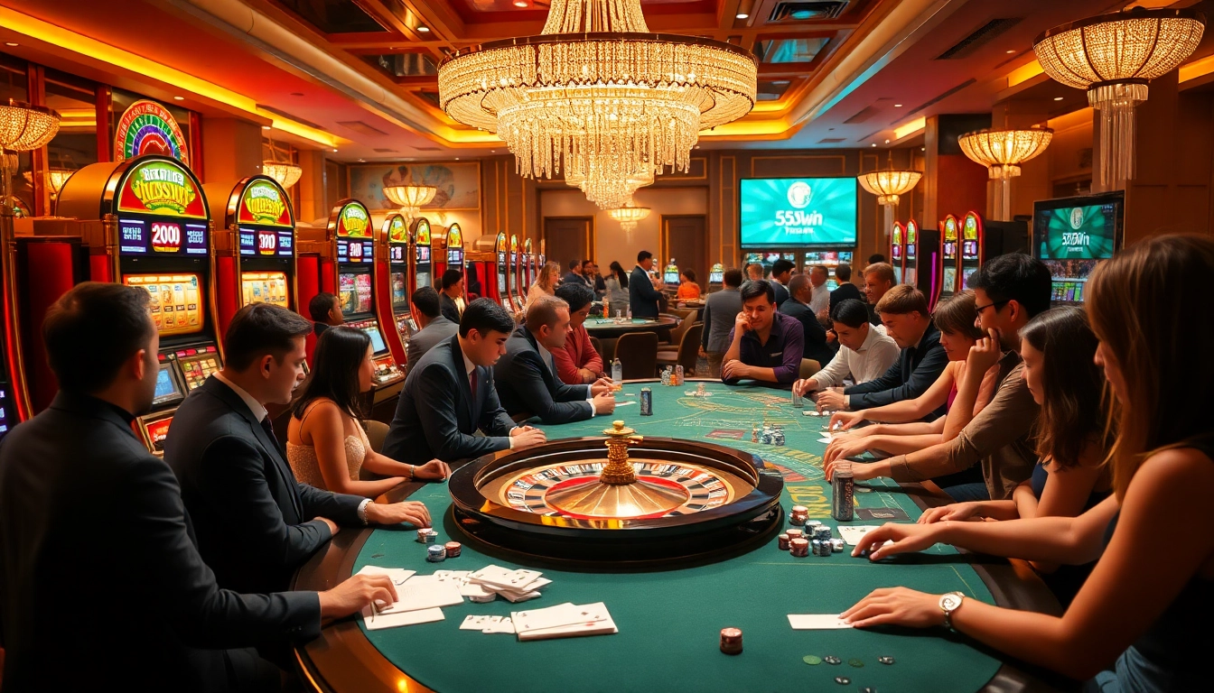 Excited players enjoying games at 555win casino with vibrant slots and roulette.