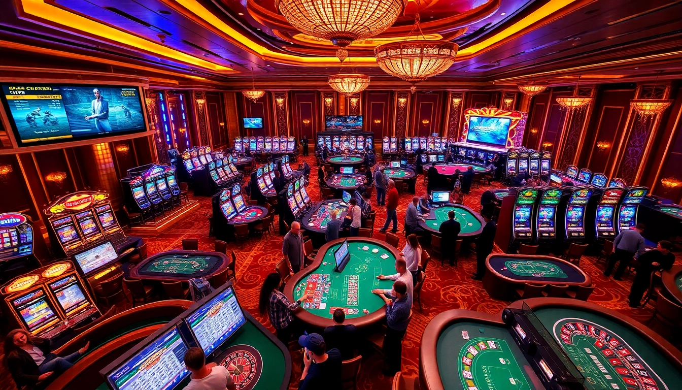 Kuwin casino scene with vibrant tables, players engaging in games, and illuminated slot machines.