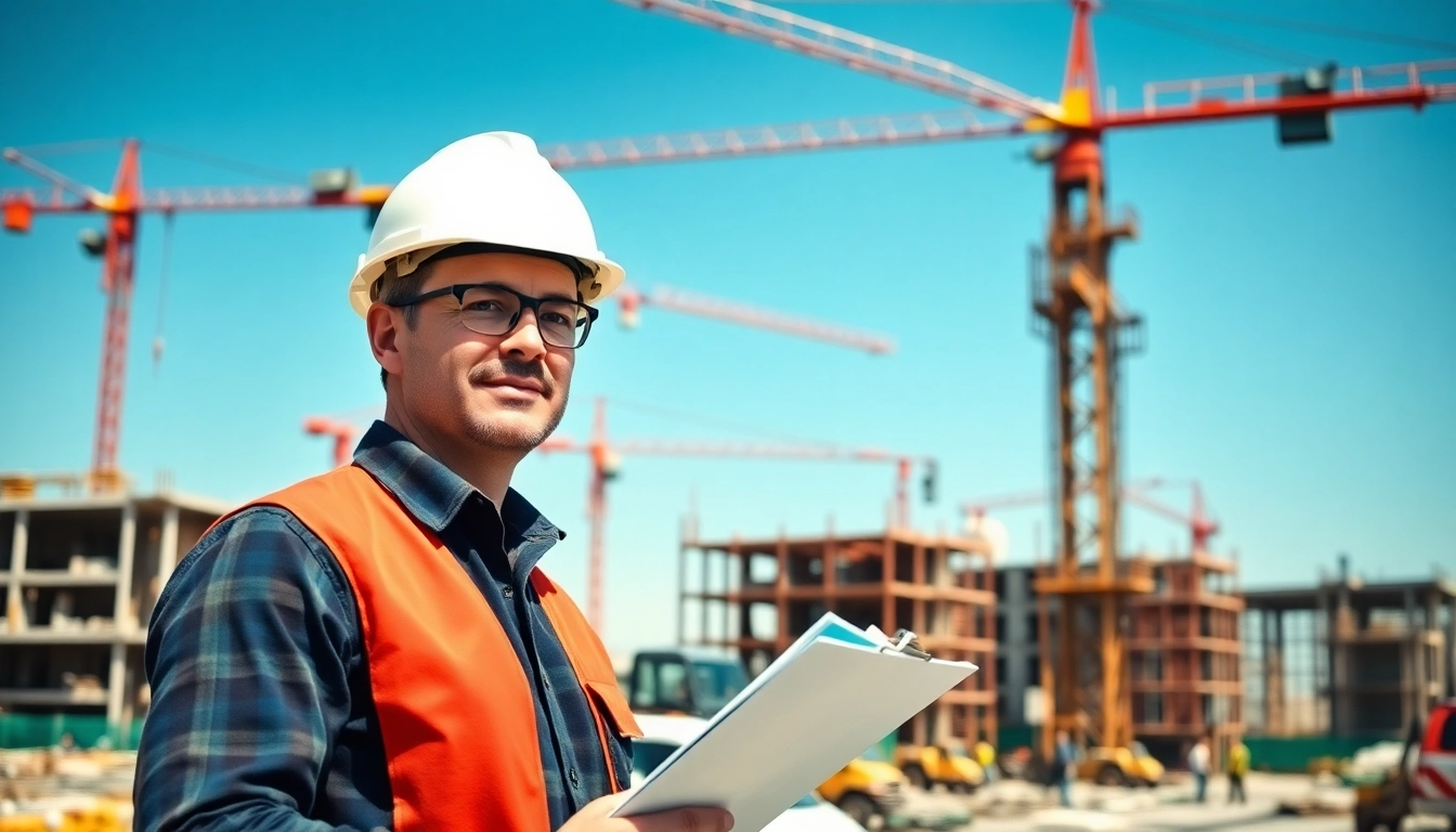 New York Construction Manager directing a construction site with cranes and active workers.
