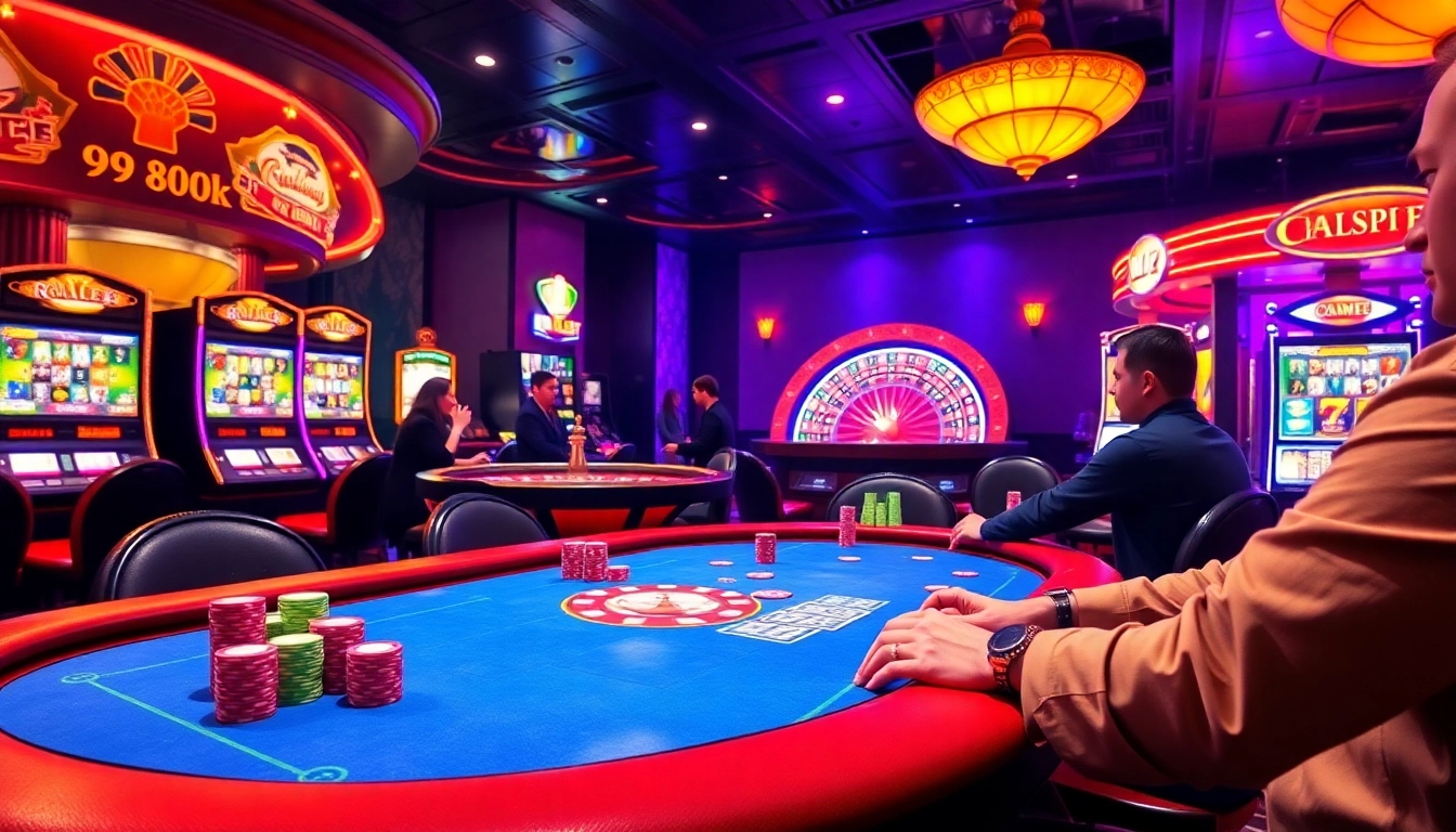 Players engaging in a thrilling poker game at 99ok casino with vibrant chips and cards.
