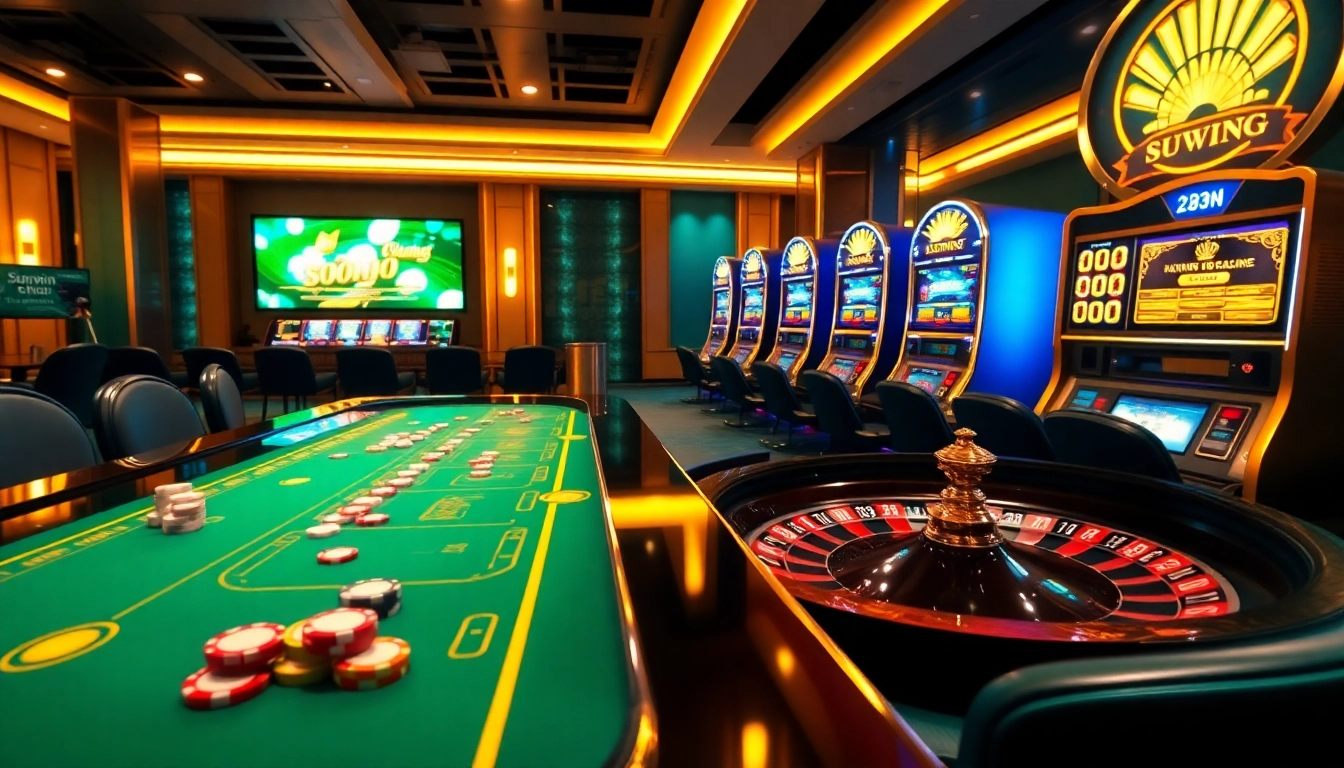 Experience the excitement of SUNWIN.COM with a luxurious casino gaming scene featuring poker chips and slot machines.