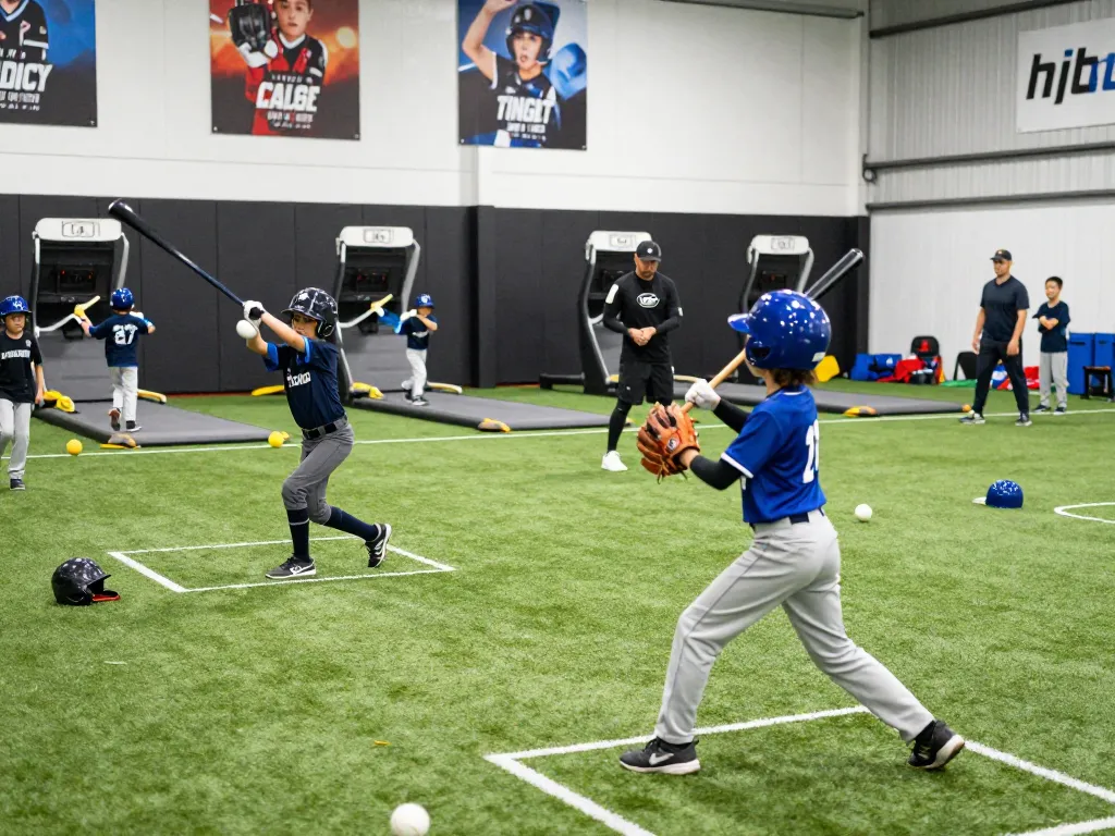 Young athletes training at the hitclub with coaches, showcasing dynamic baseball practice environment.
