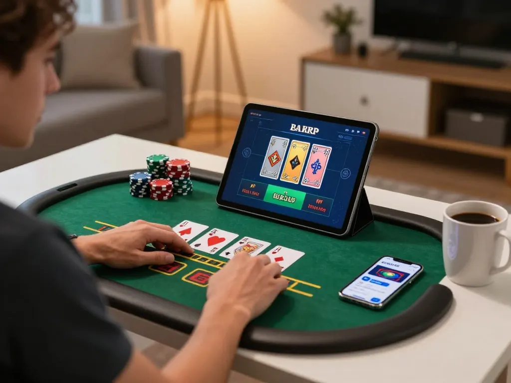 Playing live blackjack online with aa888 on a tablet at home, showcasing strategic gaming.