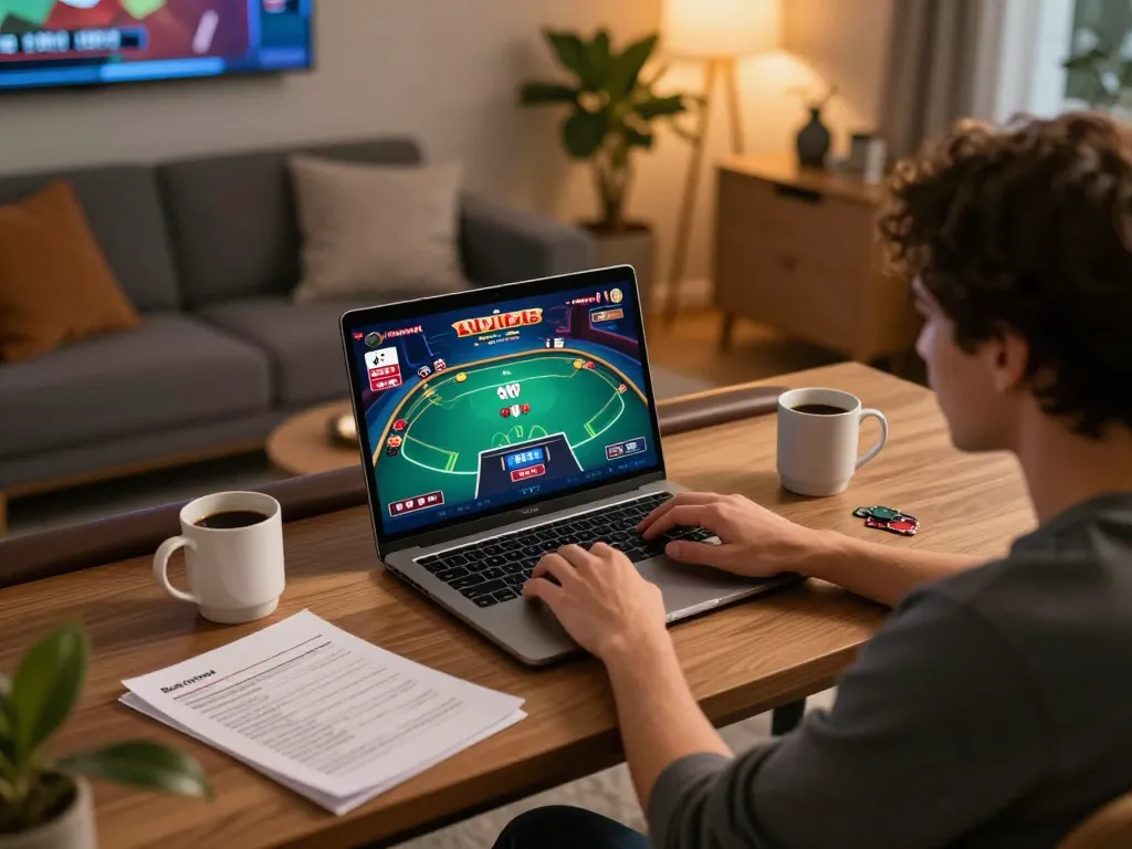 Playing poker at home with SHBET on laptop, showcasing a strategic current gaming experience.