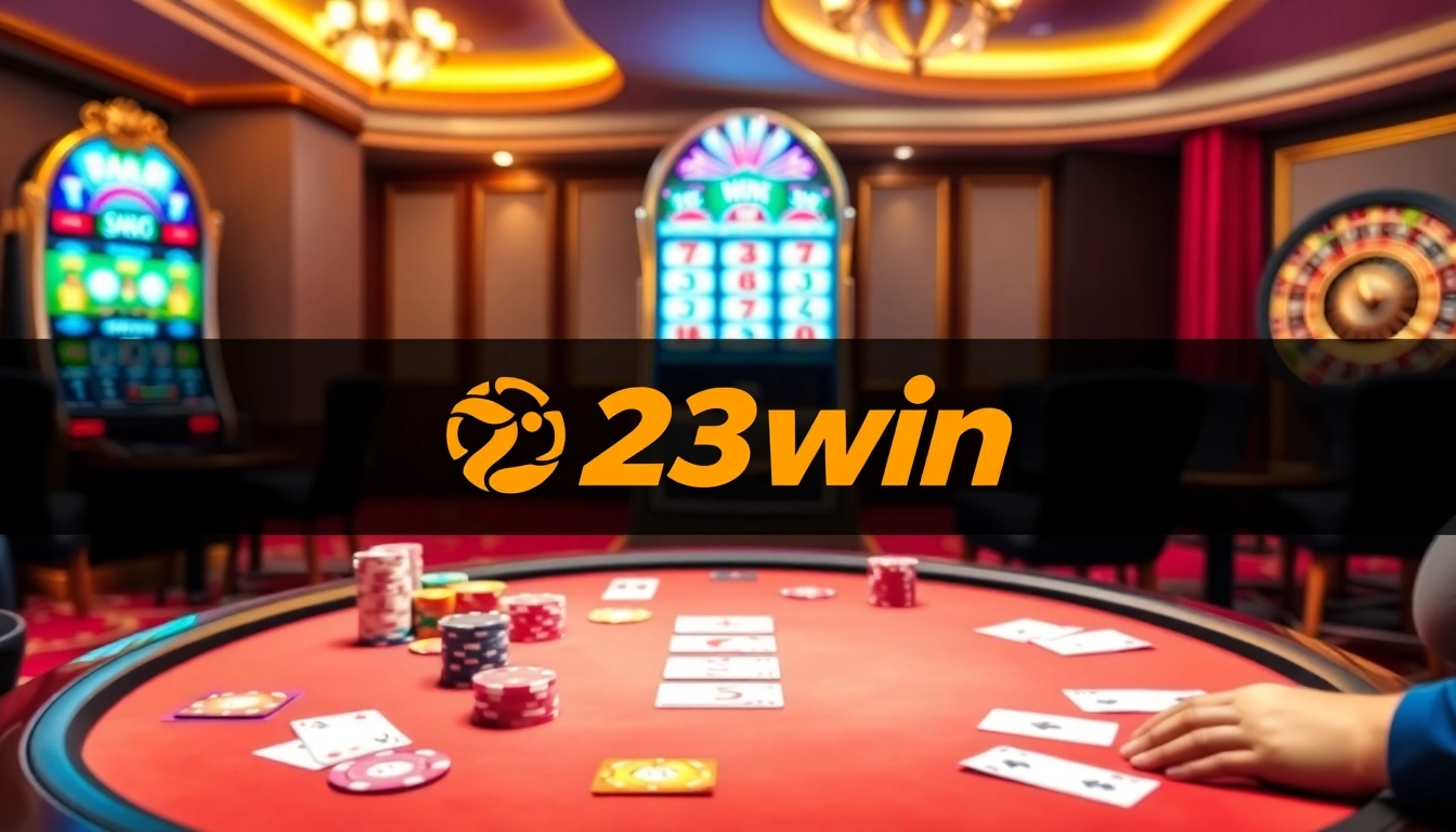 Exciting casino scene with poker chips and a roulette wheel reflecting 23win brand energy
