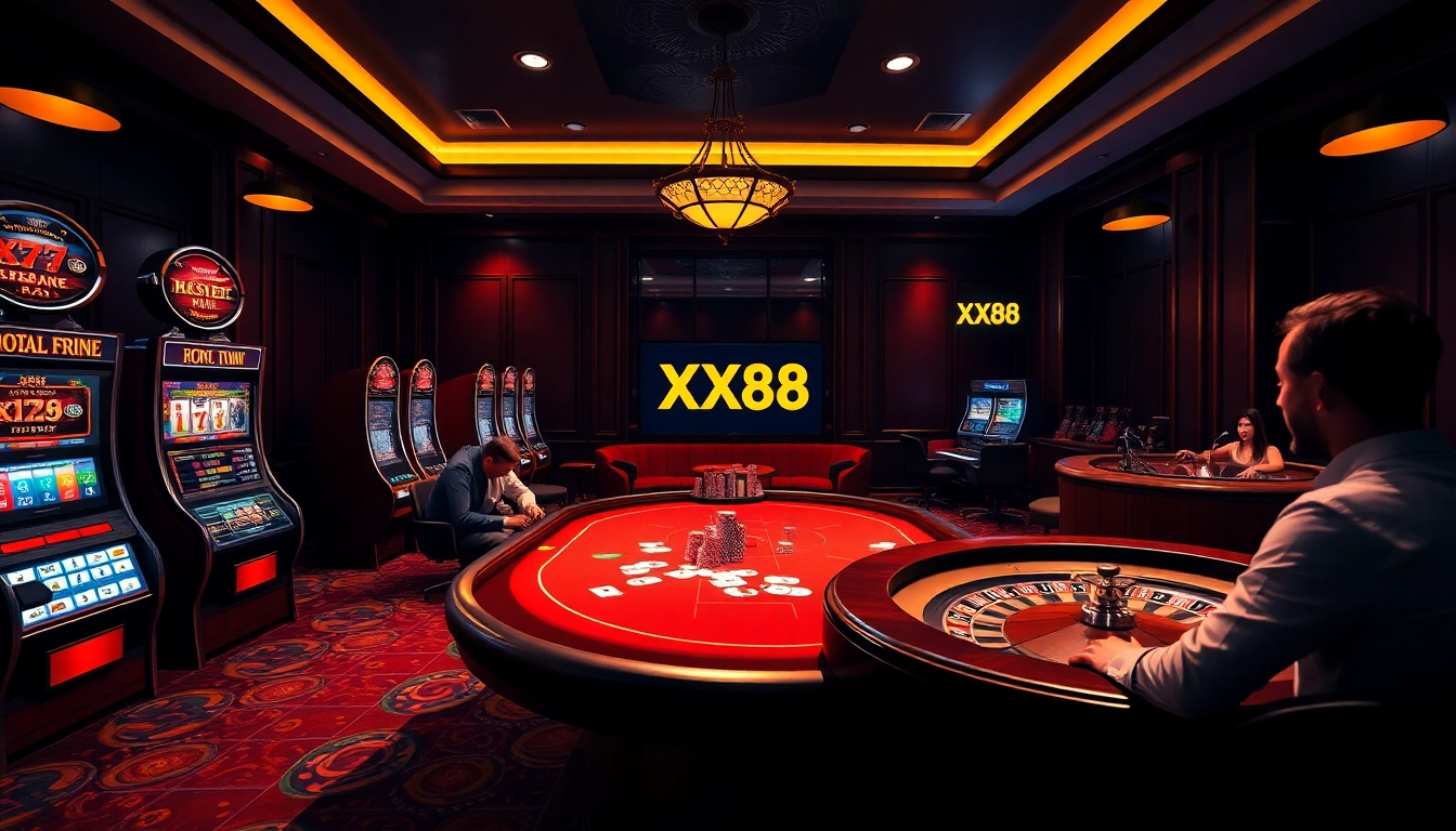 Players engaged in thrilling poker action at XX88 online casino, showcasing vibrant gaming elements.