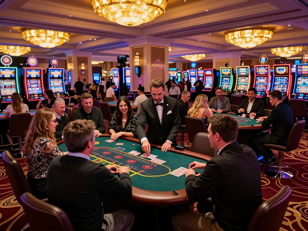 kk44 blackjack table scene in a vibrant Las Vegas casino, players engaged and dealer dealing cards
