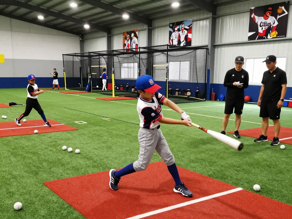 Young athlete at hitclub training facility swinging a bat during practice, surrounded by equipment and coaches.