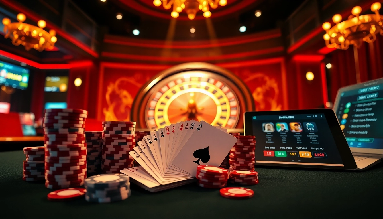Experience an exciting game at kuwin. com with poker chips, elegant tables, and digital betting displays.