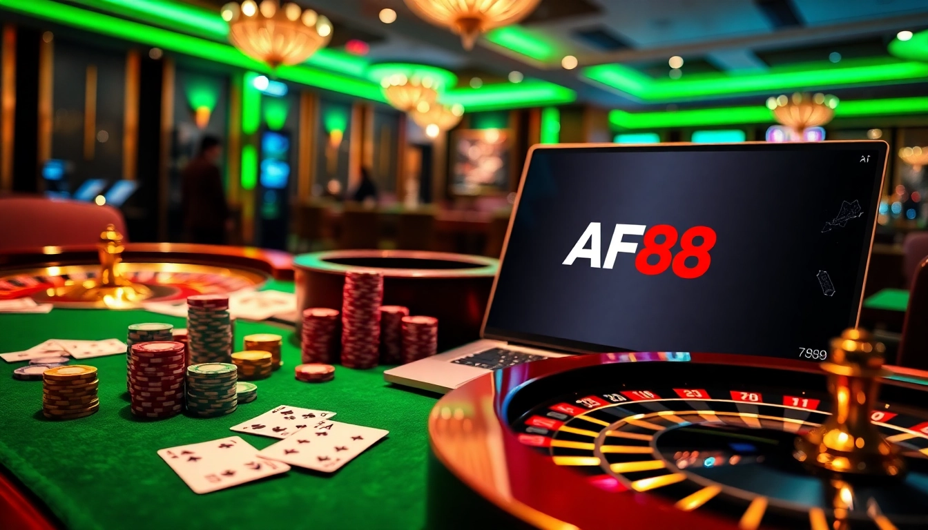 Experience a thrilling game at AF88 with cards, chips, and a roulette wheel in a luxurious casino setting.