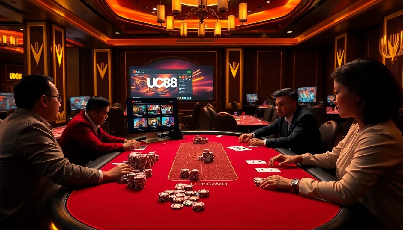 Players enjoy a thrilling moment at UU88 casino with poker chips and cards on the table.