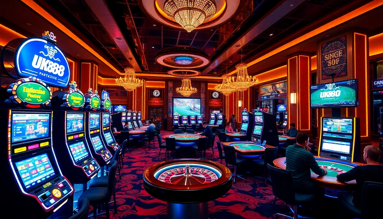 UK88 casino scene featuring glamorous slot machines and engaged players in action.
