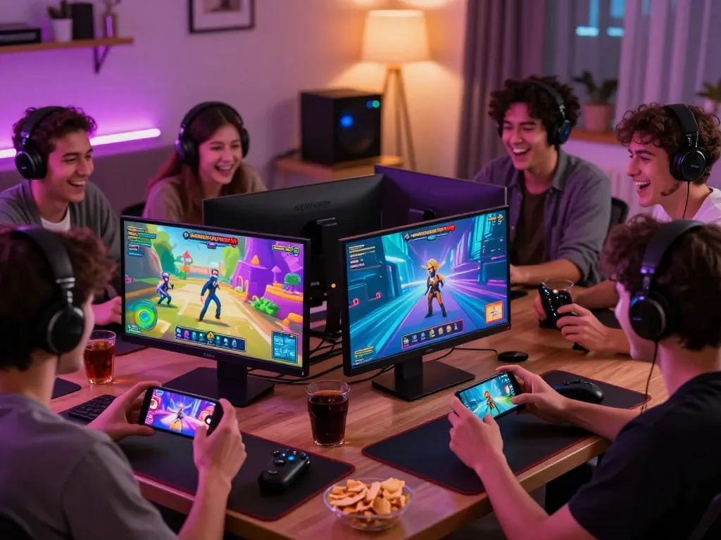 Engaged players enjoying various sex games on desktops and smartphones in a vibrant gaming setting.