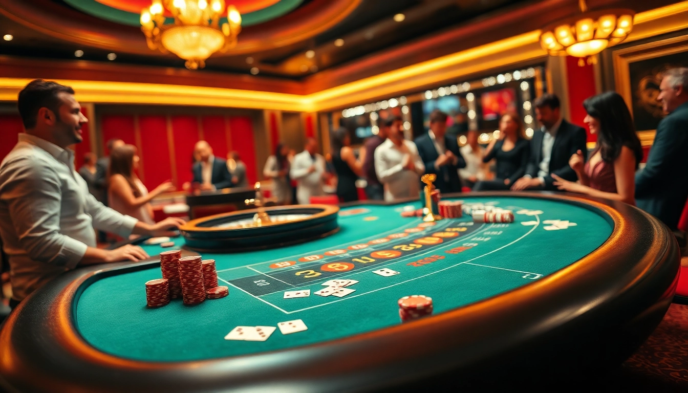 Players enjoying a vibrant RED88 casino experience with poker chips and roulette wheel.