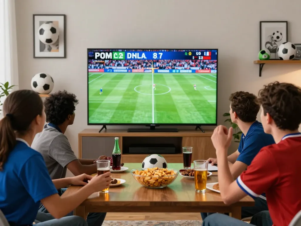 Friends enjoying Okwintv live football streaming together, showcasing an engaging sports atmosphere.