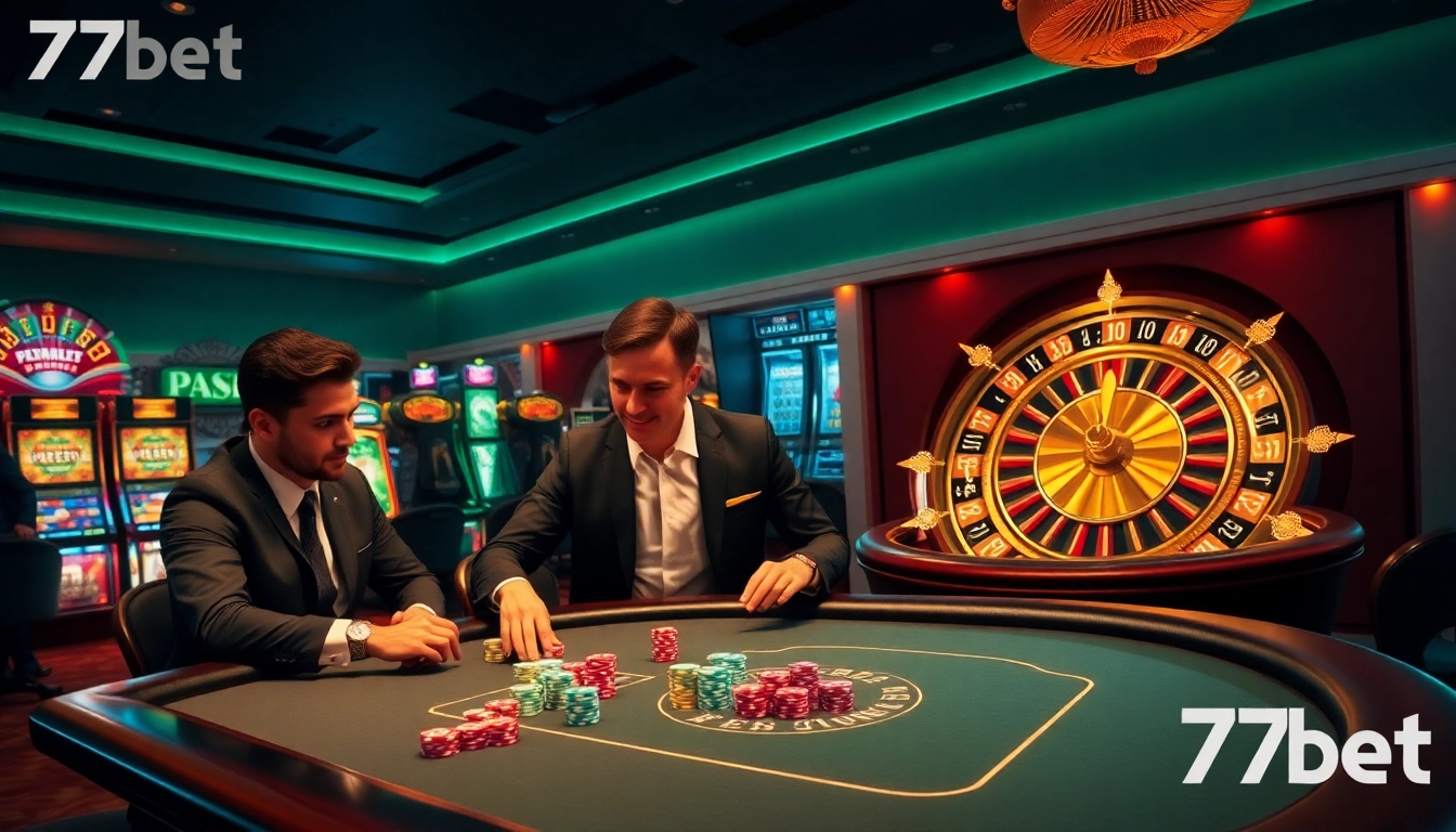 Engage in thrilling gameplay at 77Bet featuring a vibrant poker scene and colorful slot machines.