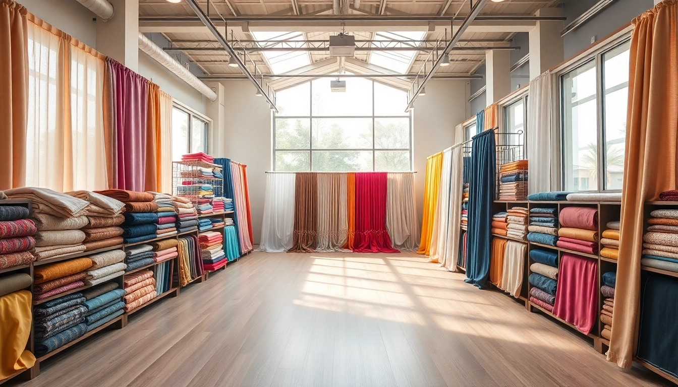 Stoffen online bestellen met een uitgebreide selectie kleurrijke stoffen in een moderne showroom.