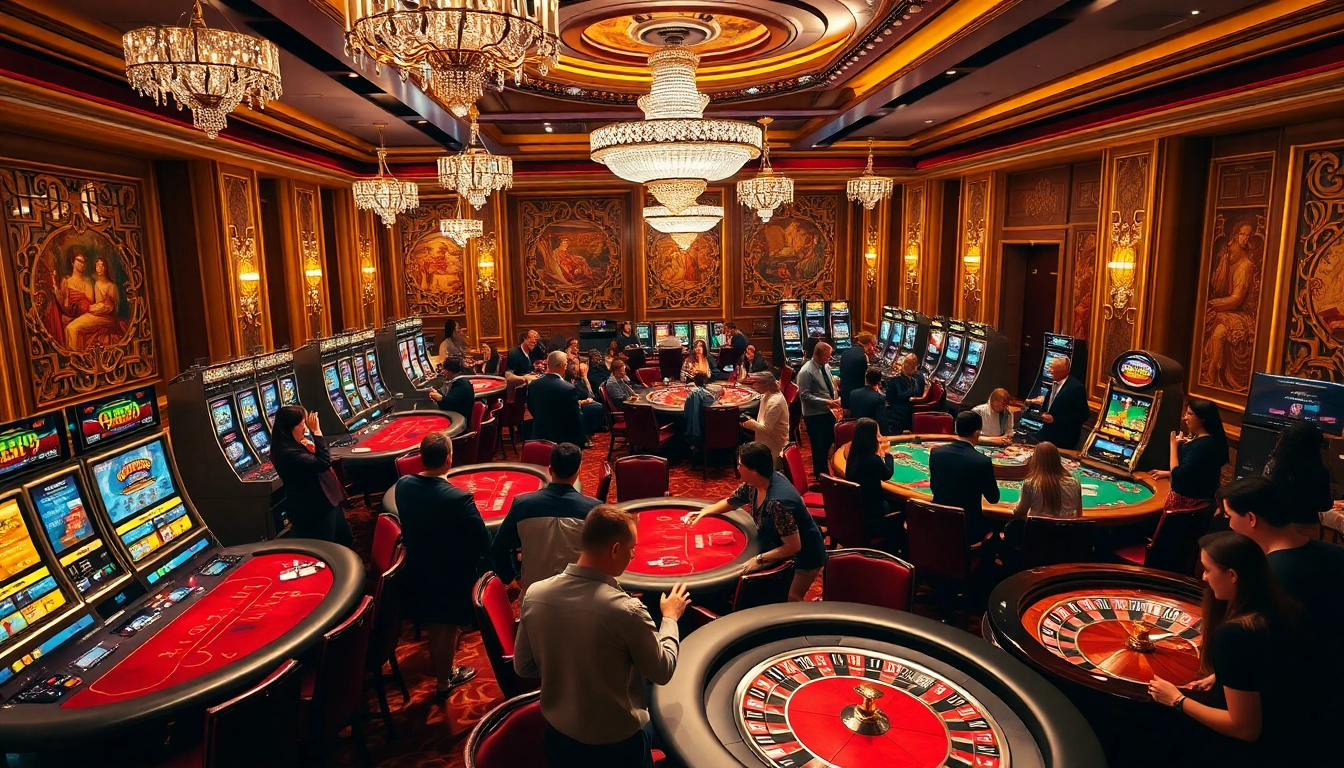 open88 gamblers enjoy a vibrant casino scene with poker tables and slot machines.