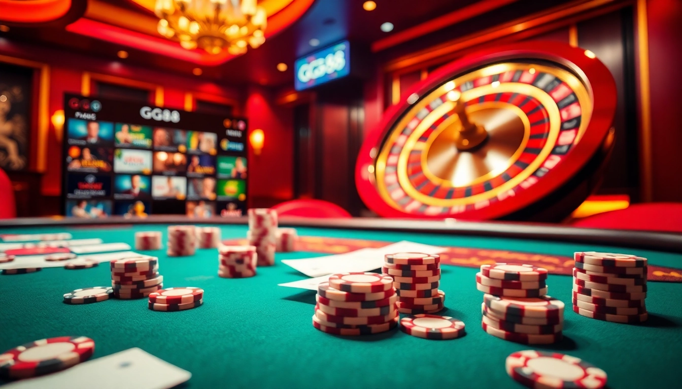 GG88 casino scene highlighting poker chips and a roulette wheel, perfect for high-stakes betting.