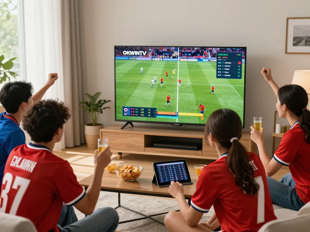 Excited fans enjoying a live football match on Okwintv in a cozy living room.