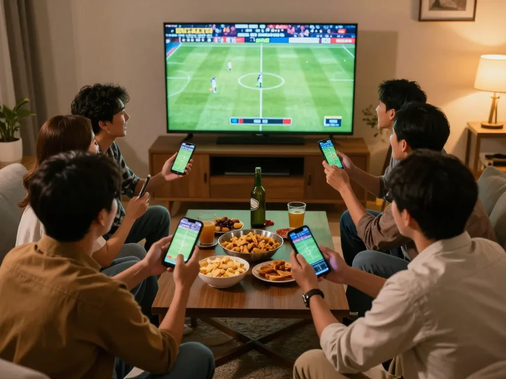 Friends engaged in Taruhan Bola at home, excitedly placing bets during a live match.