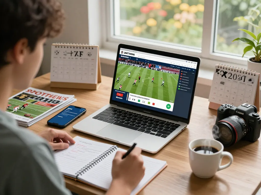 Live sports fan checking kqbd updates in cozy home office.