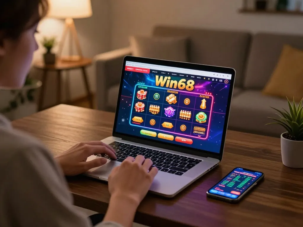 Win68 player engaged in online gaming session with vibrant interface on laptop.