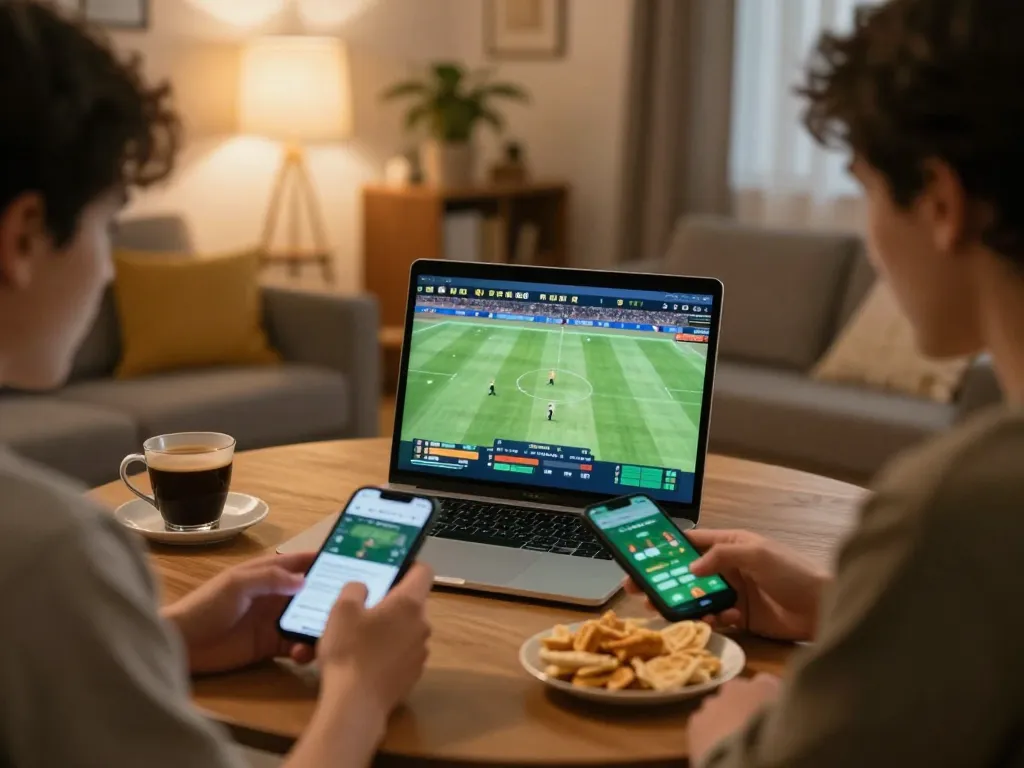 Twiin68 users placing bets on sports using smartphone and laptop for real-time gaming.