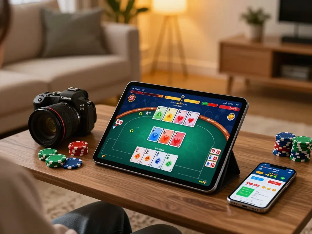Engaging home online poker gaming scene with 7me app on tablet in stylish living room.