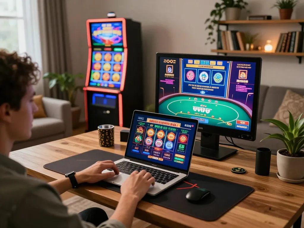 Engaged player exploring 888vnd online gaming options on laptop while enjoying a cozy home atmosphere.
