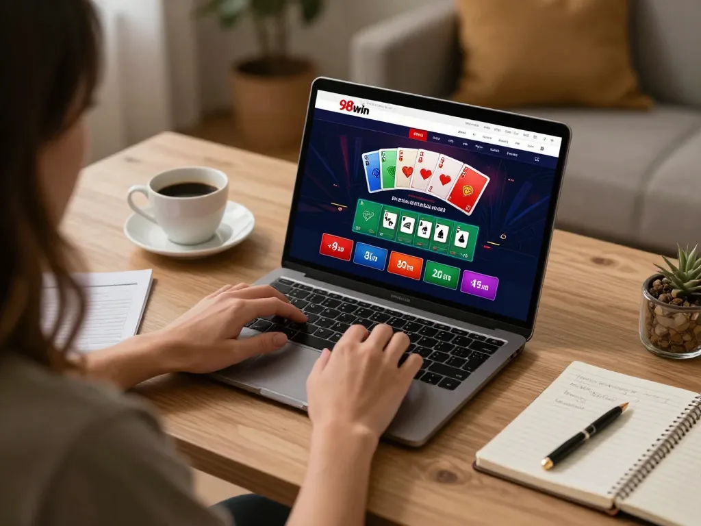 Engaging player using 98win casino platform on laptop for a strategic poker game with coffee nearby.