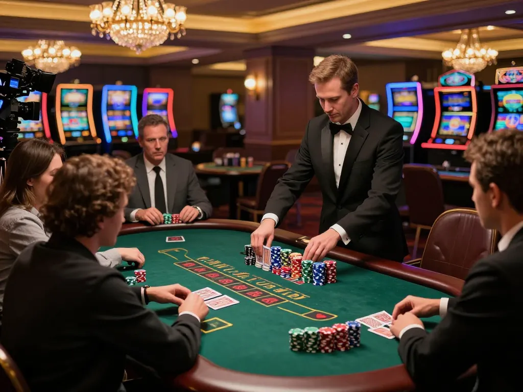 Strategic players engaging in a thrilling KU88 blackjack game, showcasing casino atmosphere and chip placement.