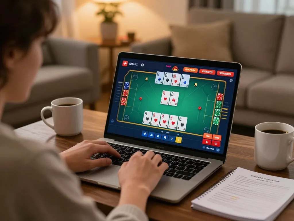 Engaging in online poker at home with SC88 casino, showcasing strategic gameplay in a cozy setting.
