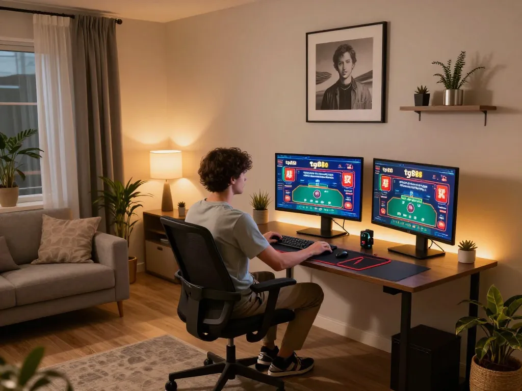 Engaged player enjoying tg88 online casino games on multiple screens in a cozy living room.