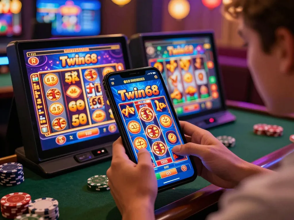 Twin68 mobile app gameplay featuring exciting slot and poker games in a festive atmosphere.