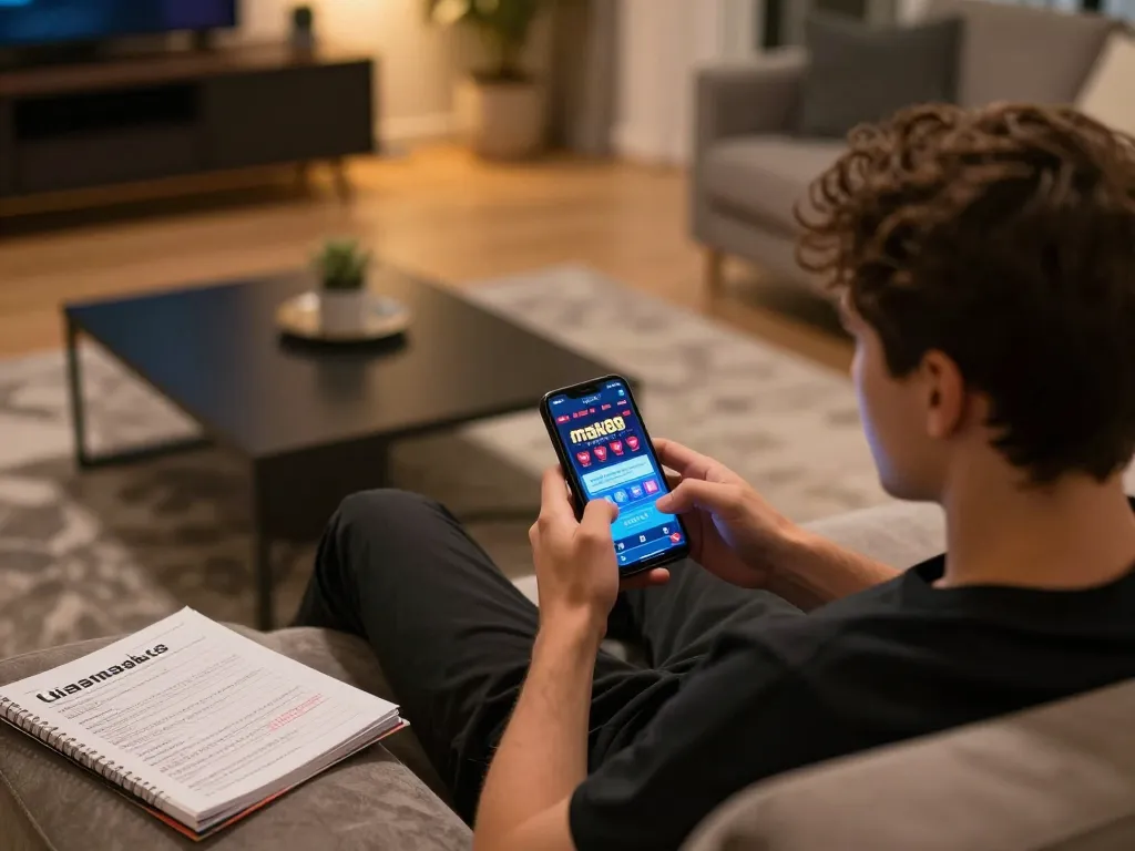 Engaging with the max88 casino app on smartphone in a cozy living room setup, highlighting mobile gaming