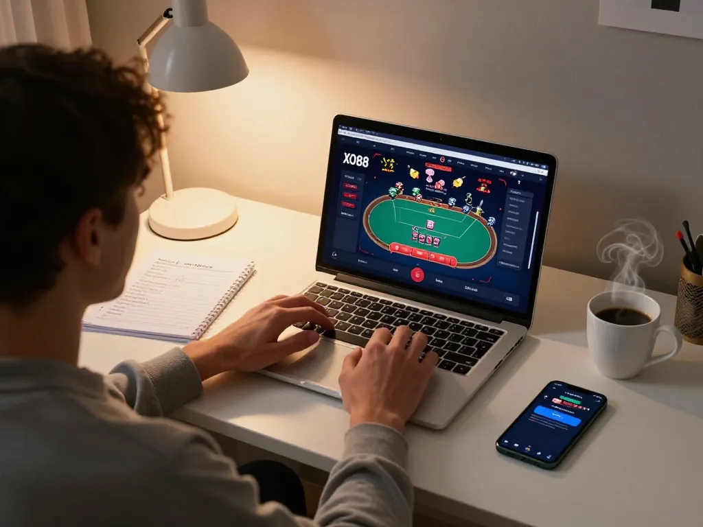 Player engaging in online poker at XO88 from a cozy gaming setup, showcasing game strategy and excitement.