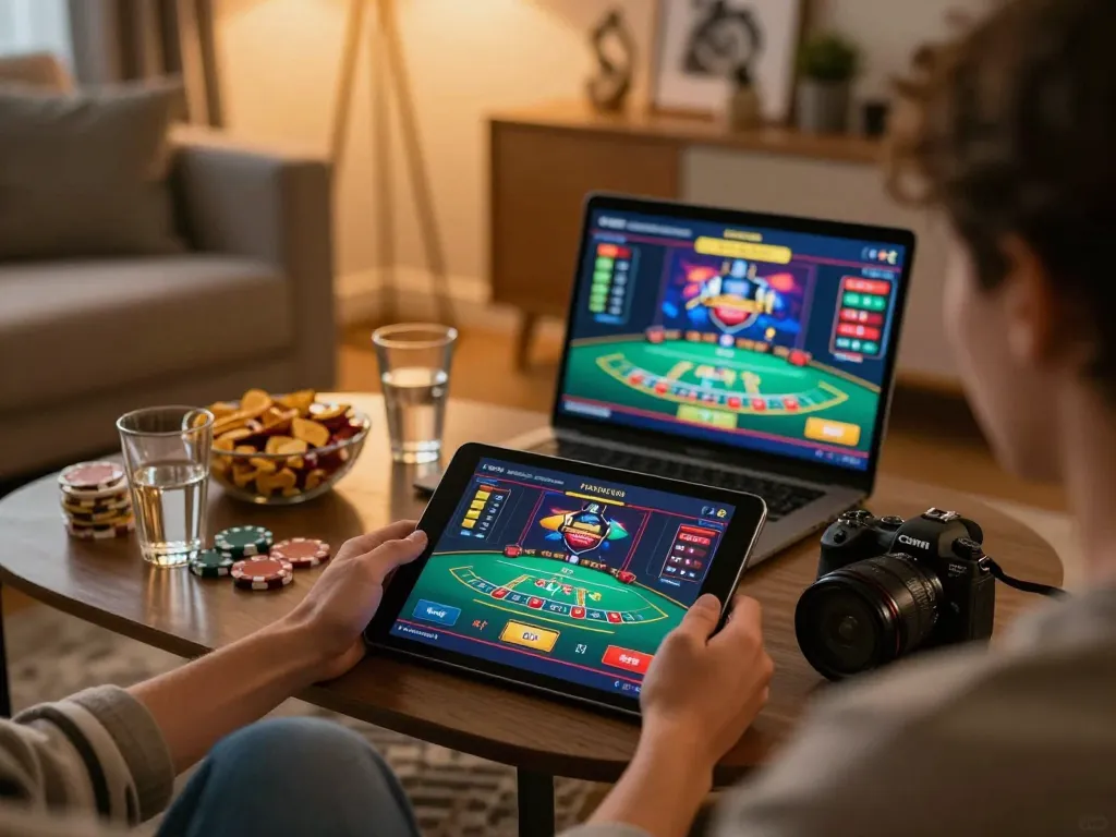 Enjoying CO88 online casino games on a tablet in a cozy living room setting