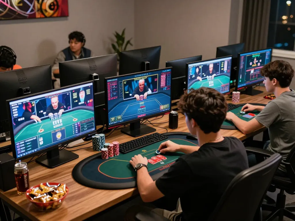 ONE88 player analyzing strategic poker hands during online gaming session at home.