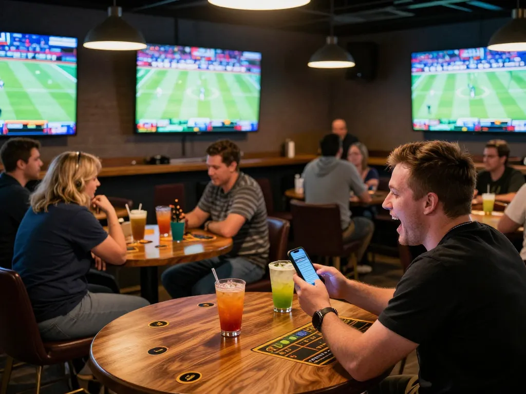 Engaged sports bettors celebrating their debet with lively discussions and live game action.