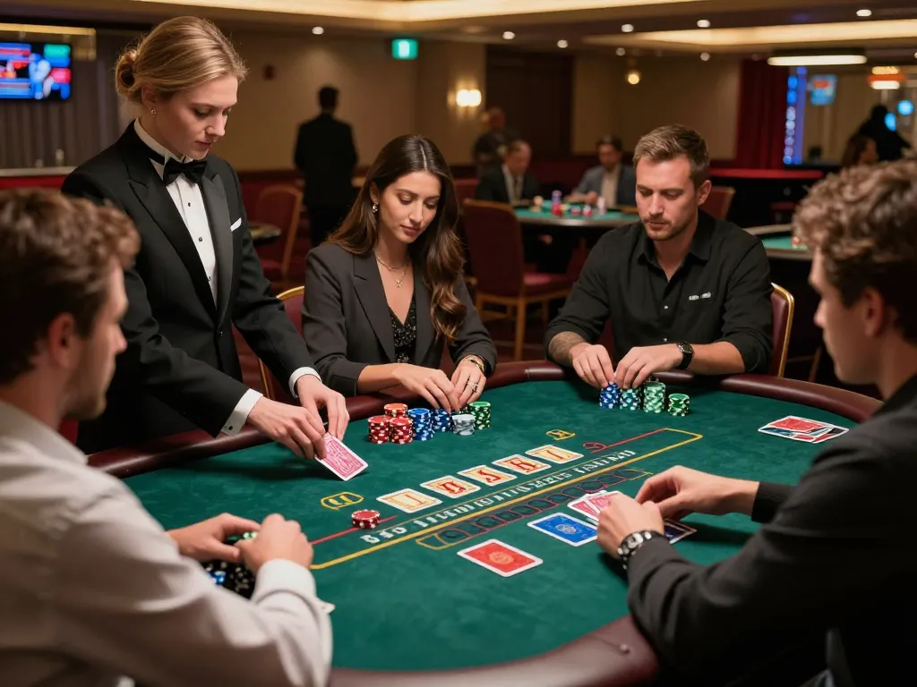 Players experiencing GEM88 live blackjack with a professional dealer in an upscale casino setting