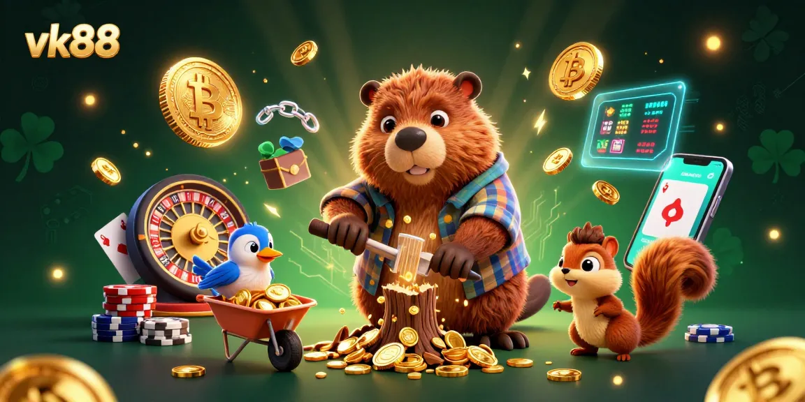 Engage in exciting live casino action at vk88 with our playful beaver character and vibrant gambling elements.