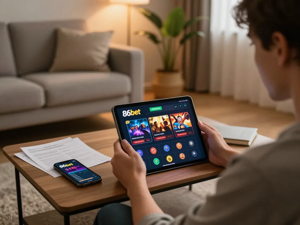 Experience online gaming with the 86bet casino app in a cozy home setting.